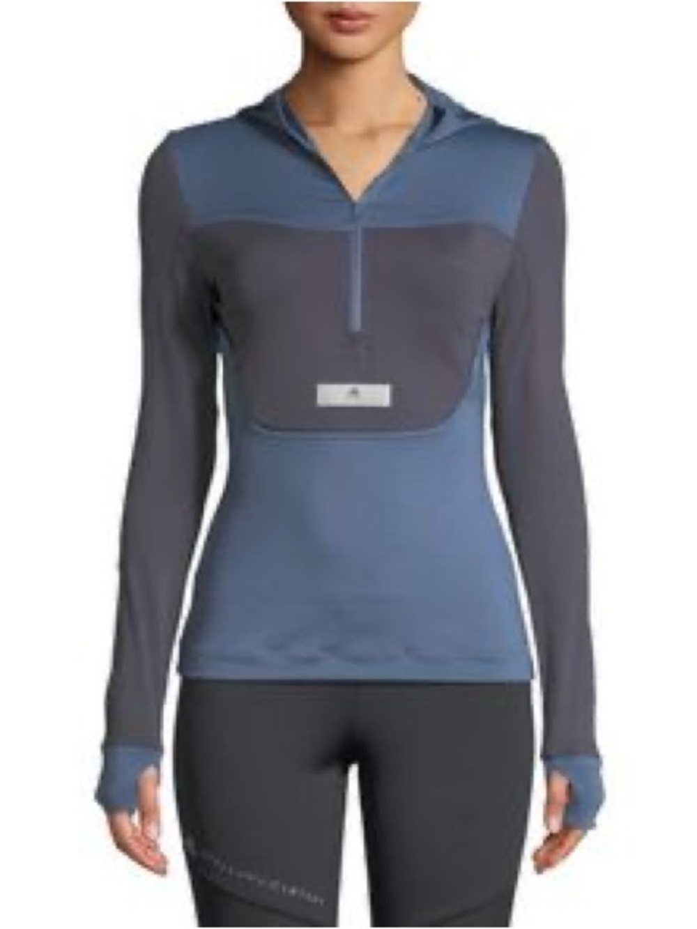 Adidas by Stella McCartney. Blue/Gray Half Zip Hooded Running Top. Size small.